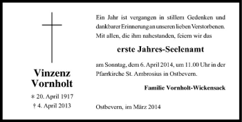 Todesanzeige von Vinzenz Vornholt von Westfälische Nachrichten