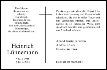 Todesanzeige von Heinrich Lünnemann von Westfälische Nachrichten