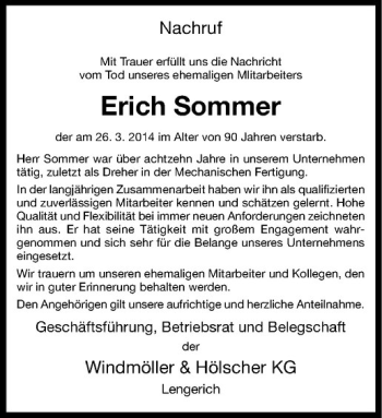 Todesanzeige von Erich Sommer von Westfälische Nachrichten