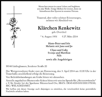 Todesanzeige von Klärchen Renkewitz von Westfälische Nachrichten