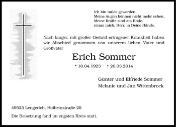 Todesanzeige von Erich Sommer von Westfälische Nachrichten