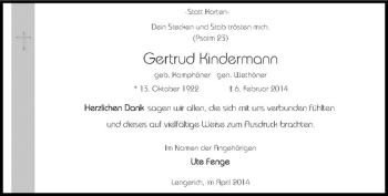 Todesanzeige von Gertrud Kindermann von Westfälische Nachrichten