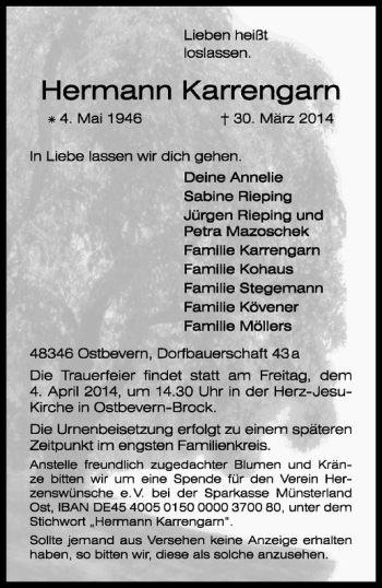 Todesanzeige von Hermann Karrengarn von Westfälische Nachrichten