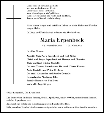 Todesanzeige von Maria Erpenbeck von Westfälische Nachrichten