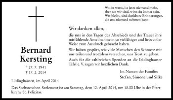 Todesanzeige von Bernard Kersting von Westfälische Nachrichten