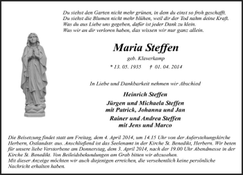 Todesanzeige von Maria Steffen von Westfälische Nachrichten
