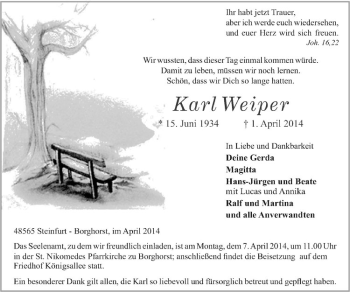 Todesanzeige von Karl Weiper von Westfälische Nachrichten