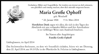 Todesanzeige von Maria Große Ophoff von Westfälische Nachrichten