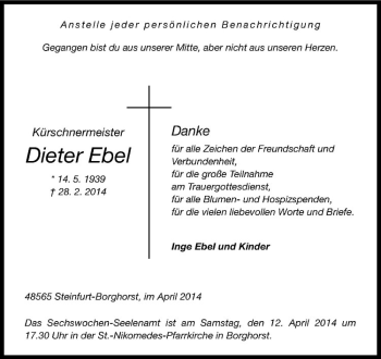Todesanzeige von Dieter Ebel von Westfälische Nachrichten