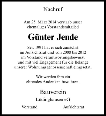 Todesanzeige von Günter Jende von Westfälische Nachrichten