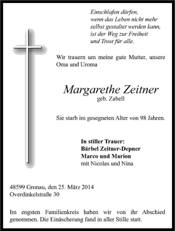 Todesanzeige von Margarethe Zeitner von Westfälische Nachrichten