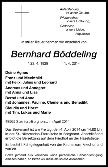Todesanzeige von Bernhard Böddeling von Westfälische Nachrichten