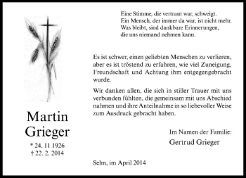 Todesanzeige von Martin Grieger von Westfälische Nachrichten