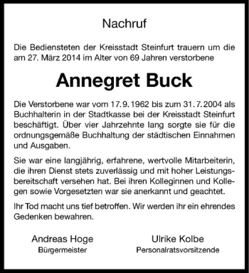 Todesanzeige von Annegret Buck von Westfälische Nachrichten