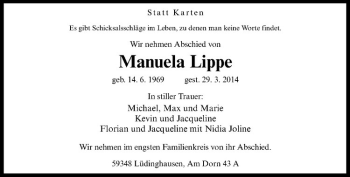 Todesanzeige von Manuela Lippe von Westfälische Nachrichten