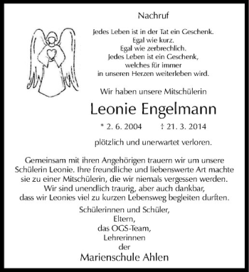 Todesanzeige von Leonie Engelmann von Westfälische Nachrichten