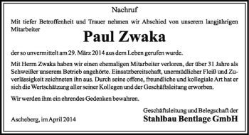 Todesanzeige von Paul Zwaka von Westfälische Nachrichten