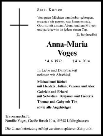 Todesanzeige von Anna-Maria Voges von Westfälische Nachrichten