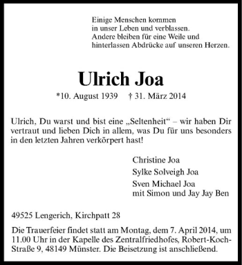 Todesanzeige von Ulrich Joa von Westfälische Nachrichten
