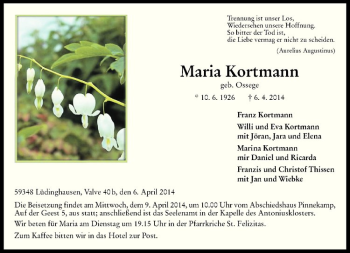 Todesanzeige von Maria Kortmann von Westfälische Nachrichten