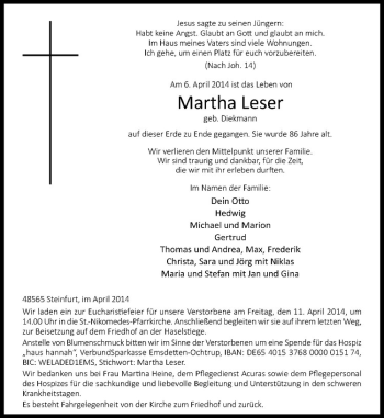 Todesanzeige von Martha Leser von Westfälische Nachrichten