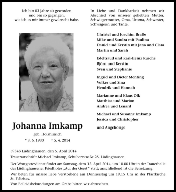 Todesanzeige von Johanna Imkamp von Westfälische Nachrichten