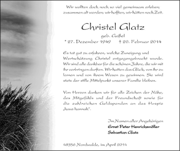 Todesanzeige von Christel Glatz von Westfälische Nachrichten