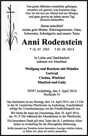 Todesanzeige von Anni Rodenstein von Westfälische Nachrichten