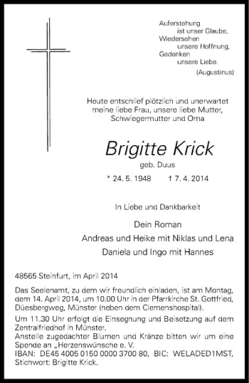 Todesanzeige von Brigitte Krick von Westfälische Nachrichten