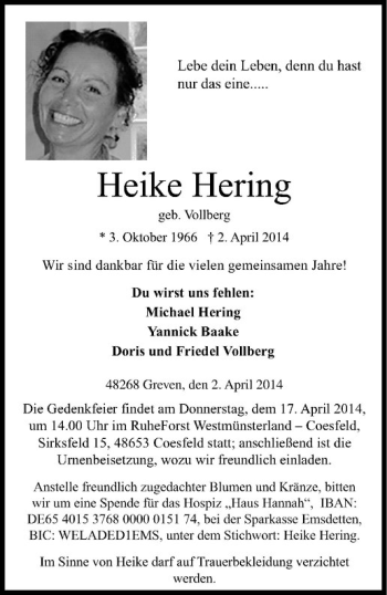 Todesanzeige von Heike Hering von Westfälische Nachrichten