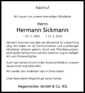 Todesanzeige von Hermann Sickmann von Westfälische Nachrichten