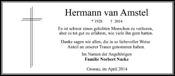 Todesanzeige von Hermann van Amstel von Westfälische Nachrichten