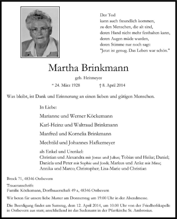 Todesanzeige von Martha Brinkmann von Westfälische Nachrichten