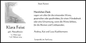 Todesanzeige von Klara Feist von Westfälische Nachrichten
