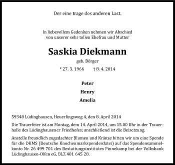 Todesanzeige von Saskia Diekmann von Westfälische Nachrichten