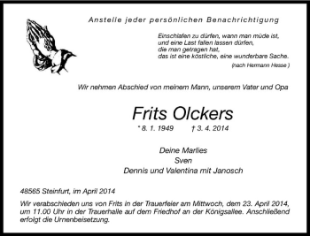 Todesanzeige von Frits Olckers von Westfälische Nachrichten