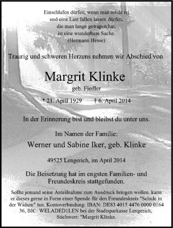 Todesanzeige von Margrit Klinke von Westfälische Nachrichten