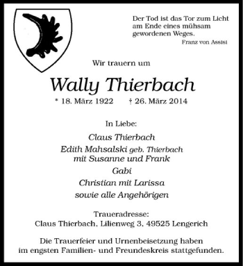 Todesanzeige von Wally Thierbach von Westfälische Nachrichten