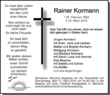 Todesanzeige von Rainer Kormann von Westfälische Nachrichten