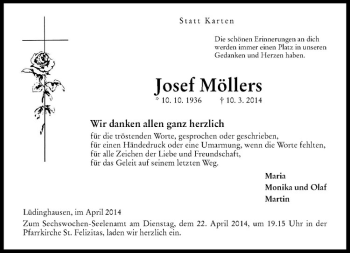 Todesanzeige von Josef Möllers von Westfälische Nachrichten