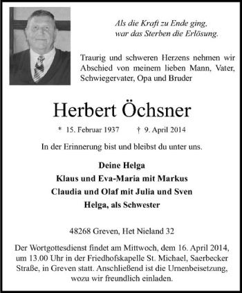 Todesanzeige von Herbert Öchsner von Westfälische Nachrichten