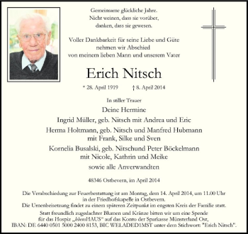Todesanzeige von Erich Nitsch von Westfälische Nachrichten