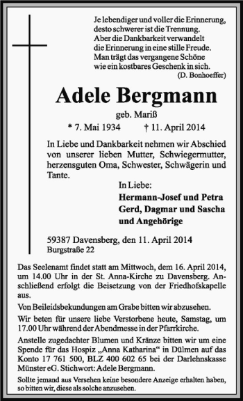 Todesanzeige von Adele Bergmann von Westfälische Nachrichten
