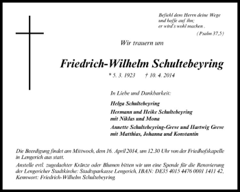Todesanzeige von Friedrich-Wilhelm Schultebeyring von Westfälische Nachrichten