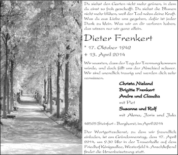 Todesanzeige von Dieter Frenkert von Westfälische Nachrichten