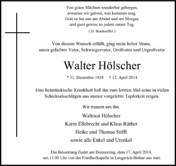 Todesanzeige von Walter Hölscher von Westfälische Nachrichten
