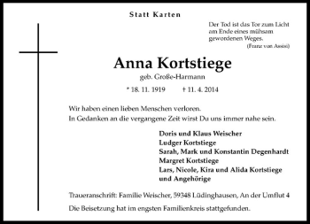 Todesanzeige von Anna Kortstiege von Westfälische Nachrichten