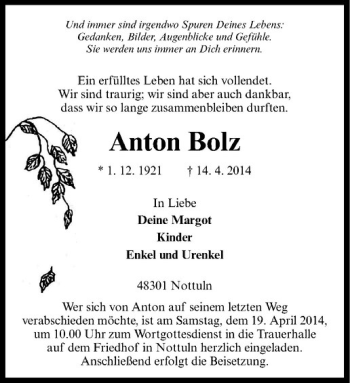 Todesanzeige von Anton Bolz von Westfälische Nachrichten