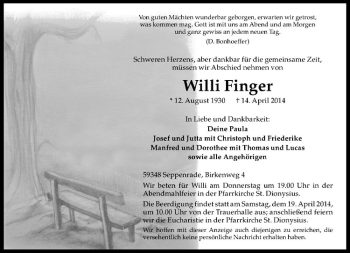Todesanzeige von Willi Finger von Westfälische Nachrichten