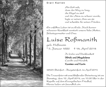 Todesanzeige von Luise Roßmanith von Westfälische Nachrichten